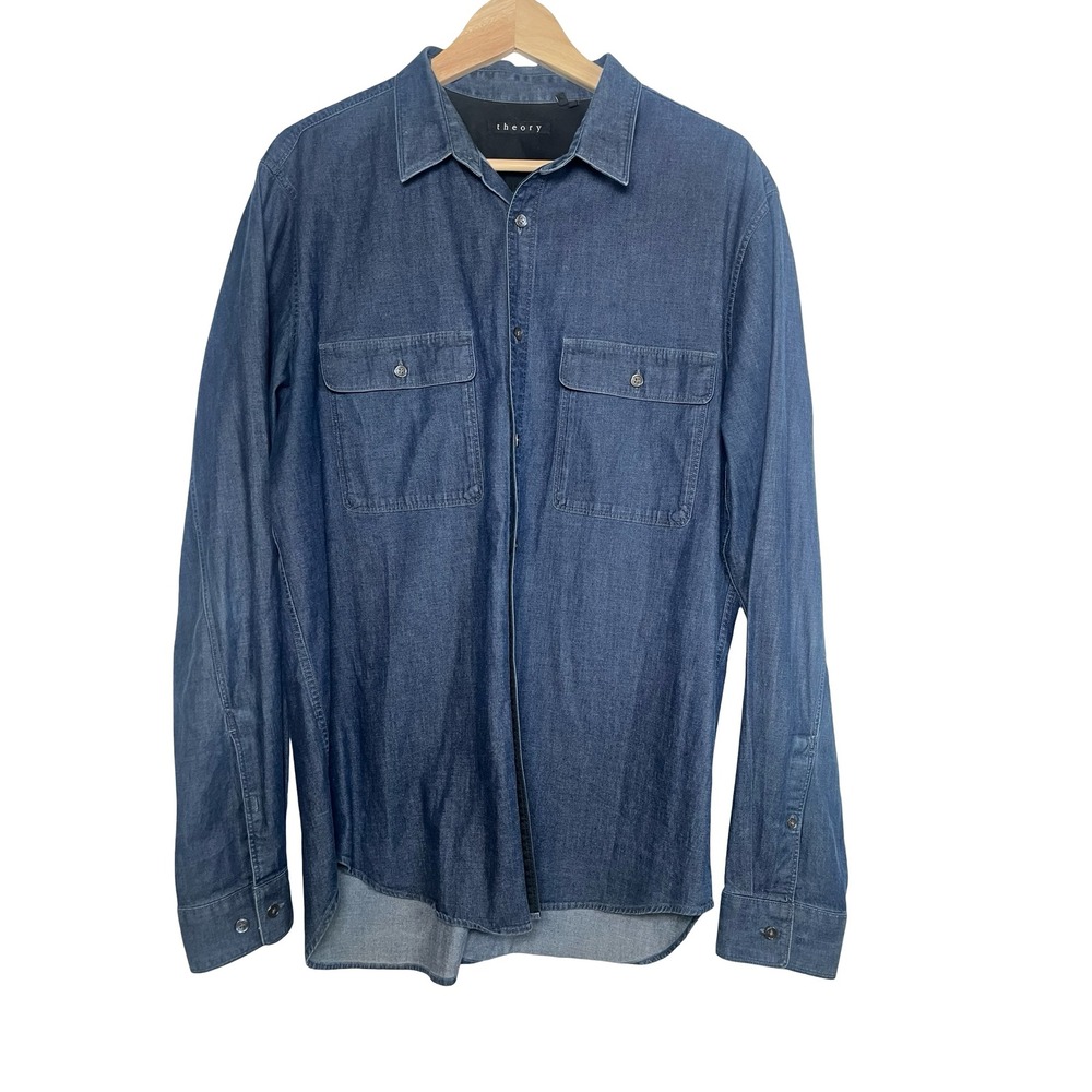 Theory Barham C Turini Mens XL Blue Denim Long Sleeve Button Down Shirt C0674526